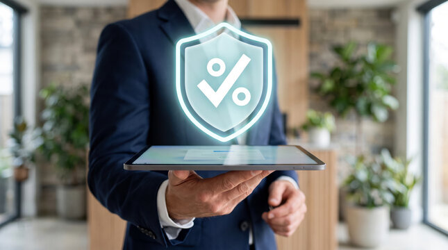 Shield with a percent sign for guaranteed savings account rates and deposit insurance, protecting fixed returns and tax relief benefits under a reliable financial policy