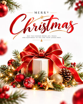 merry christmas white holiday greeting background, red ribbon gift box pine banner, elegant winter festive pine cone canvas, traditional xmas seasonal celebration party poster, natural evergreen branc