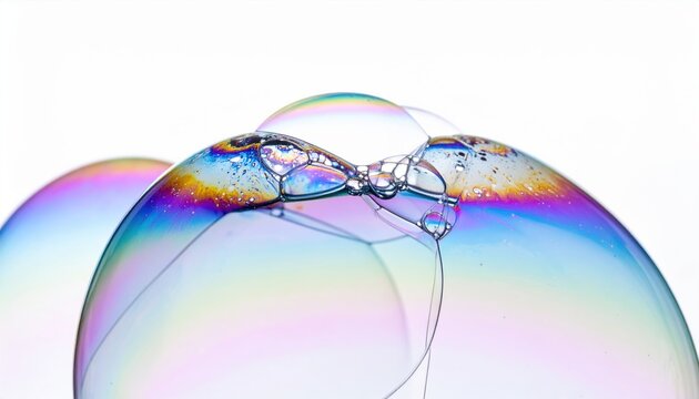 Iridescent soap bubbles with delicate rainbow reflections on white background