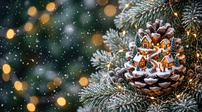 Fantasy village on a snowy pine cone with tiny houses and trees on a frosted fir bough with string lights, winter fairytale and falling snow on a dark green bokeh backdrop