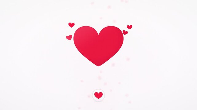 Social media engagement animation showing a heart icon being tapped to trigger a burst of red heart reactions.
