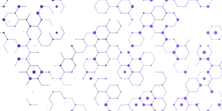 Abstract scientific background showcasing a purple hexagonal molecular structure with interconnected nodes, representing chemistry and advanced technology.
