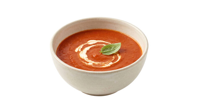 Creamy tomato soup with herb garnish in ceramic bowl on a transparent background