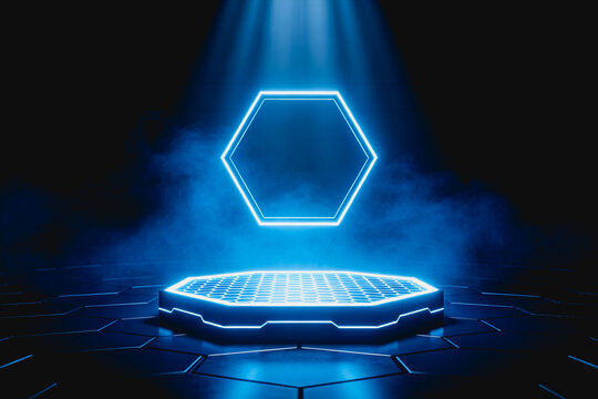 A dark futuristic indoor scene featuring a glowing neon hexagon frame floating above a lit octagonal platform, with spotlight beams and blue smoke.