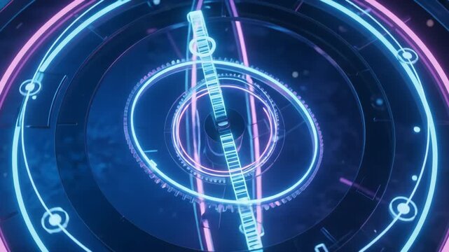 Abstract Futuristic Neon Rings Glowing on Dark Background Cyberpunk Time Transition