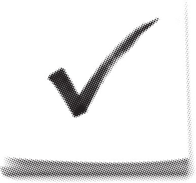 Black and white check mark icon with halftone texture effect isolated on a white background element