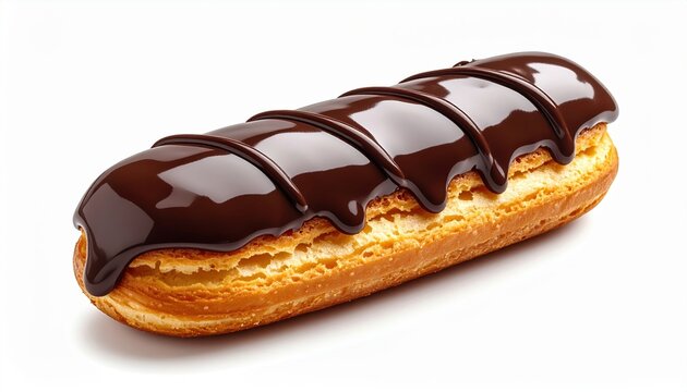 Cream-filled chocolate eclair with glossy chocolate topping, realistic pastry texture, isolated on white background