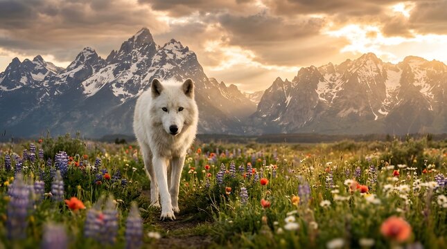 Majestic white wolf walking through a vibrant field of wildflowers with snow-capped mountains at sunset.