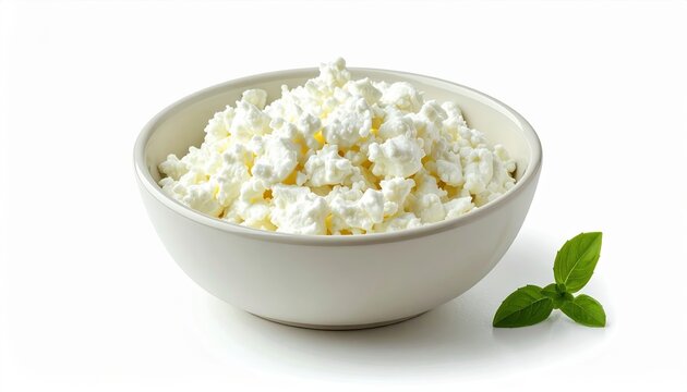 Small bowl of cottage cheese with soft curds, realistic dairy texture, minimalist food photography, white studio background
