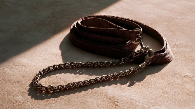 A brown fabric leash with metal chain and clasp rests coiled on textured beige surface under warm sunlight