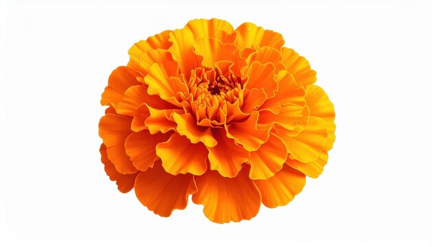Orange marigold flower with densely layered petals, rich warm color, realistic floral macro, isolated on white background