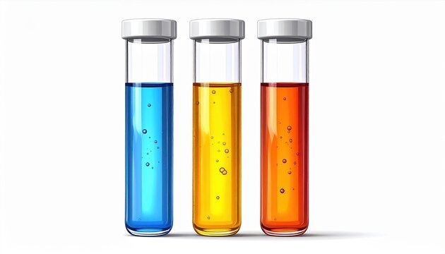 Three clean glass test tubes with colored liquid samples and plain caps, realistic laboratory glassware, isolated on white background