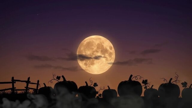 Spooky Halloween night sky motion background featuring glowing full moon silhouetted pumpinks and wooden fence with drifting fog clouds