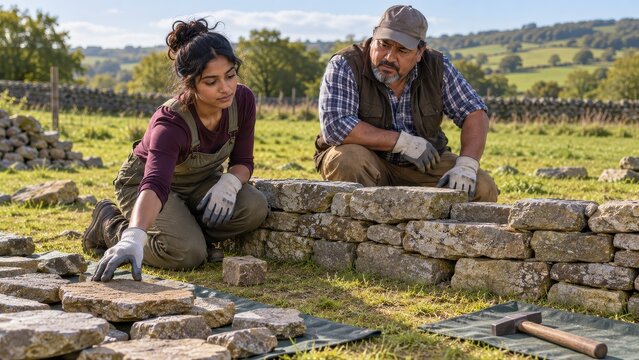 A learner reaches for a flatter stone as an instructor studies the open wall seat during a practical dry stone walling course on a grassy countryside plot