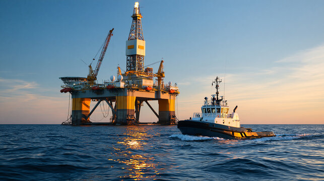 Offshore drilling rig active at a site in the open ocean with a supply boat positioned alongside, with copy space