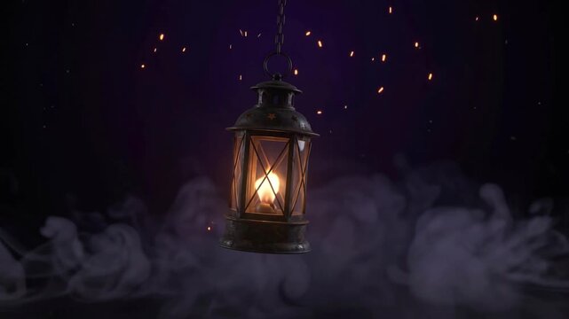 Spooky Halloween night sky motion background featuring an antique metal lantern hanging from a chain with a glowing candle flame and drifting ground fog clouds
