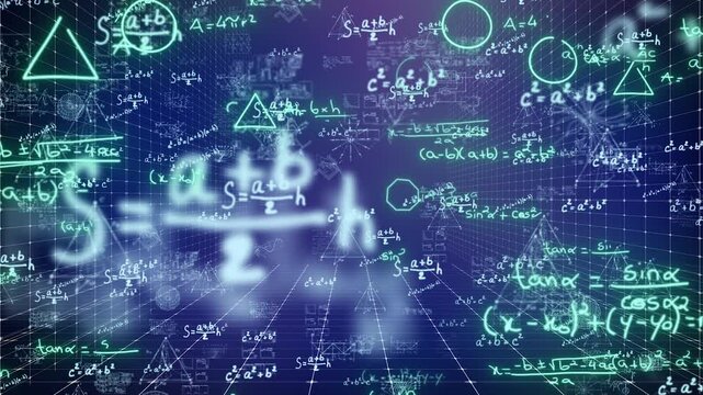 Mathematical formulas and physics equations on a dark blue background