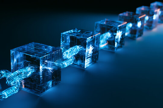 Interconnected cubic blocks forming a chain with glowing circuitry a 3d rendering blockchain