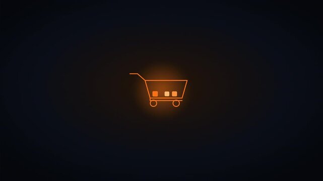 Premium 4K motion graphic: a single orange line draws a shopping cart with its handle and wheels, small items drop into the basket one by one with a bounce, before the whole sketch draws itself back o