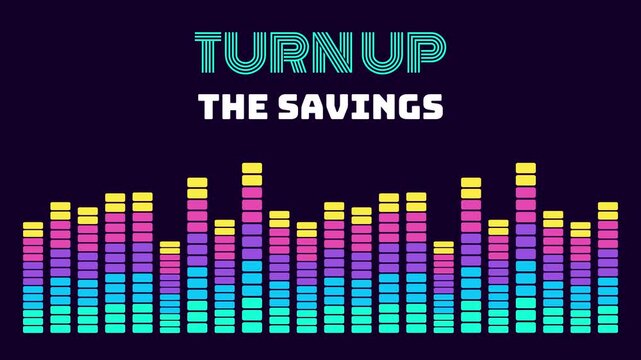 Music equalizer bars bouncing under a turn up the savings title, Black Friday. Seamless looping 2D animation.
