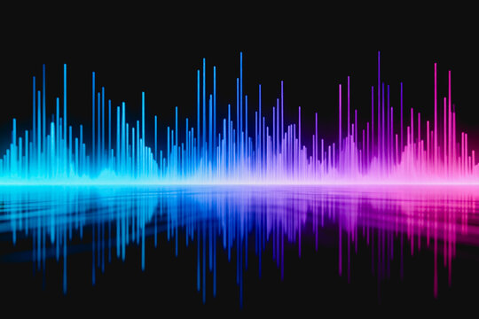 A neon-colored sound wave visualization with symmetrical reflection, featuring cyan to magenta gradient on a dark background, representing audio frequency data.