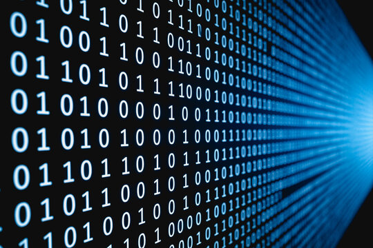 This image displays a stream of binary digits (0 and 1) representing digital data flowing towards a focal point, illustrating information transmission in computing systems.