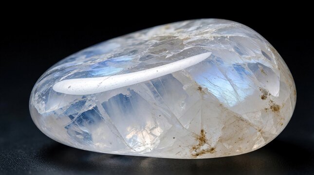Macro shot of raw adularia moonstone mineral on black background. Natural white gemstone shows blue sheen, internal cracks. Semi-transparent feldspar stone specimen displays unique texture, light