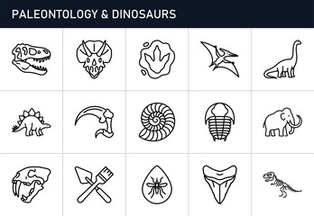 Paleontology and dinosaur line icons set with fossils and prehistoric animals for science © Ripa