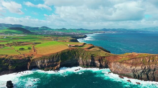 Aerial View of Green Pasture Fields and Atlantic Cliffs