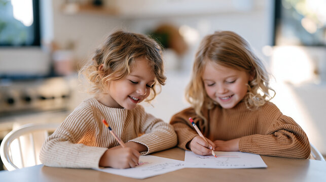 Young children writing personalized Christmas wish lists at a kitchen table, colorful pencils, handmade drawings, excited expressions, childhood imagination, holiday anticipation,