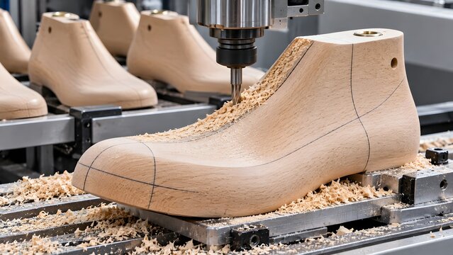 CNC Milling Machine Shaping Wooden Shoe Last in Footwear Manufacturing