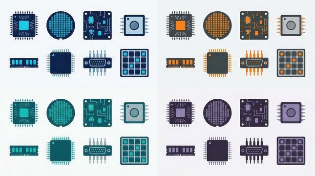 Collection Of Computer Processors And Memory Modules Icons Computer