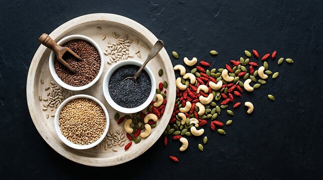 Healthy superfood mix with flax poppy sesame seeds cashews and goji