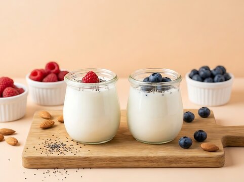 Healthy breakfast yogurt with fresh raspberries blueberries and chia