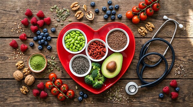 Heart health diet with fresh superfoods stethoscope and organic