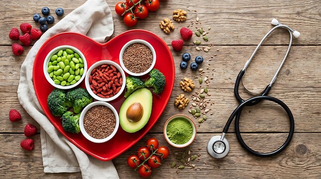 Healthy eating heart shaped plate with fresh foods stethoscope and