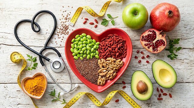 Heart health awareness featuring fresh fruits nuts measuring tape and