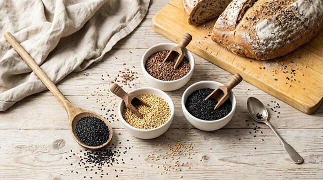Healthy food preparation with sesame seeds flax bread loaf and wooden