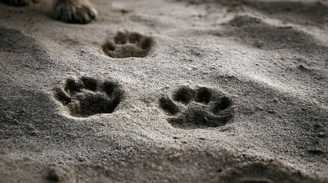 Animal paw prints are clearly visible in the textured sand  showing distinct impressions and natural surface detail