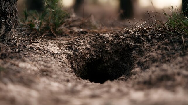 A close up view of a dark animal burrow entrance in forest soil  surrounded by grass and tree roots