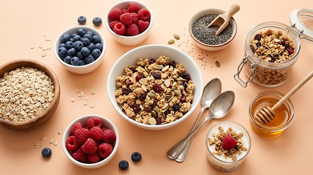 Healthy breakfast featuring granola fresh berries oats and honey on a