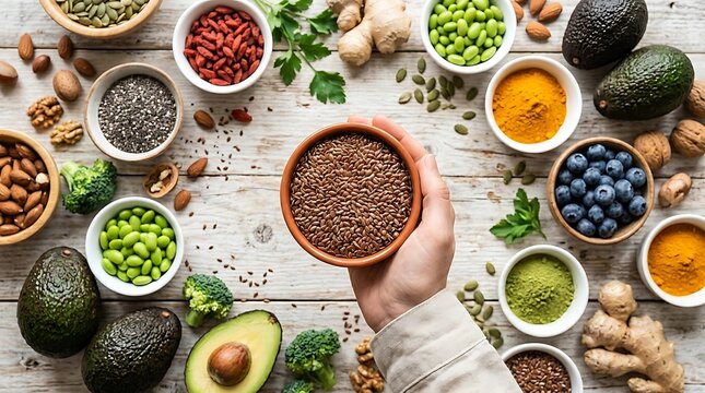 Healthy nutrition featuring flax seeds fresh avocado broccoli and