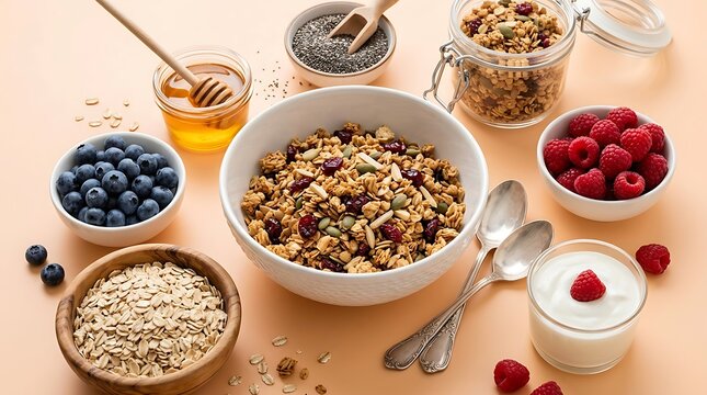 Healthy breakfast featuring crunchy granola fresh blueberries sweet