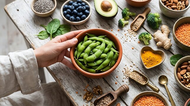 Healthy eating prep featuring fresh edamame blueberries avocado and