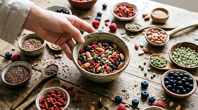 Healthy superfoods assortment including goji berries chia seeds and