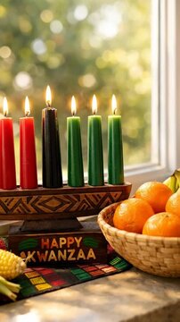 Kwanzaa kinara with lit red black and green candles on a windowsill, basket of oranges and corn beside a happy kwanzaa sign