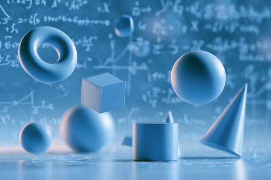 Geometric shapes including a torus cube spheres and cone are arranged in a blue setting