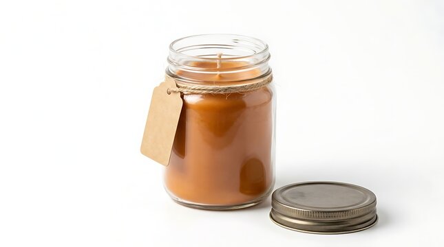 Glass jar filled with caramel sauce and a blank paper label tag homemade