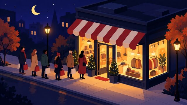 Black Friday poster with isometric glowing shop and queue of shoppers on dark night background