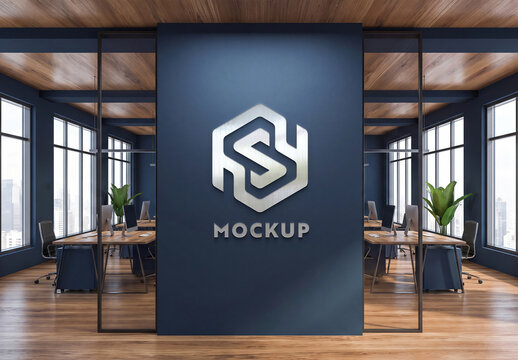 Reflective Logo on Darl Blue Modern Office Wall Mockup